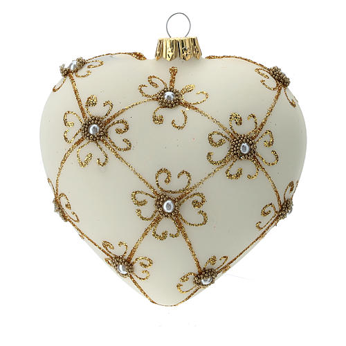 Heart Shaped Christmas bauble in blown glass with ivory and gold decorations 100mm 1