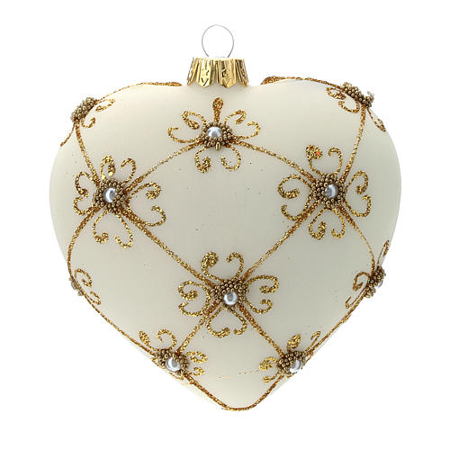 Heart Shaped Christmas bauble in blown glass with ivory and gold decorations 100mm 3