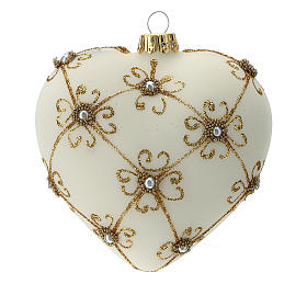 Heart Shaped Christmas bauble in blown glass with ivory and gold decorations 100mm