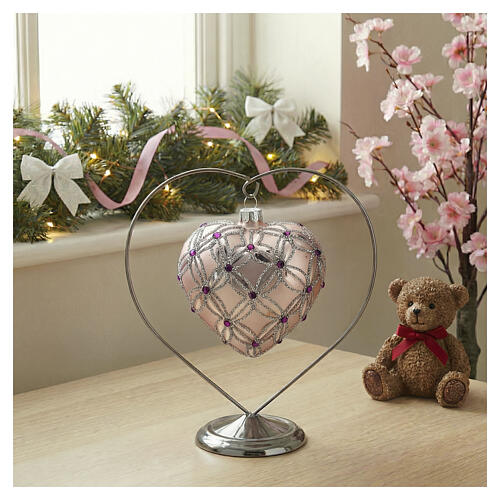Bola de Navidad corazón de vidrio soplado rosado y viola 100 mm 2