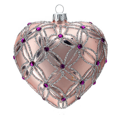 Heart Shaped Christmas bauble in blown glass with pink and violet decorations 100mm 1