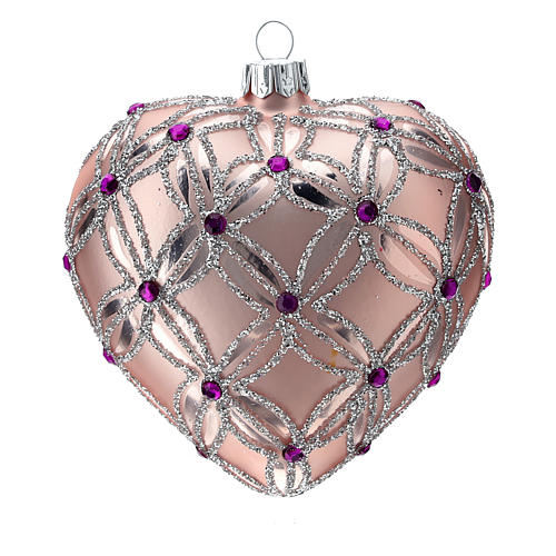 Heart Shaped Christmas bauble in blown glass with pink and violet decorations 100mm 2