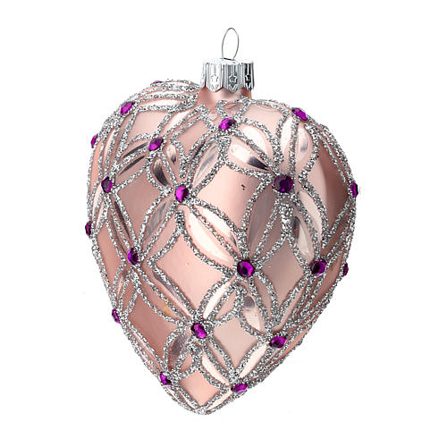 Heart Shaped Christmas bauble in blown glass with pink and violet decorations 100mm 3
