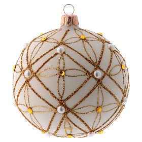 Christmas bauble in ivory blown glass, red and gold decoration 100mm