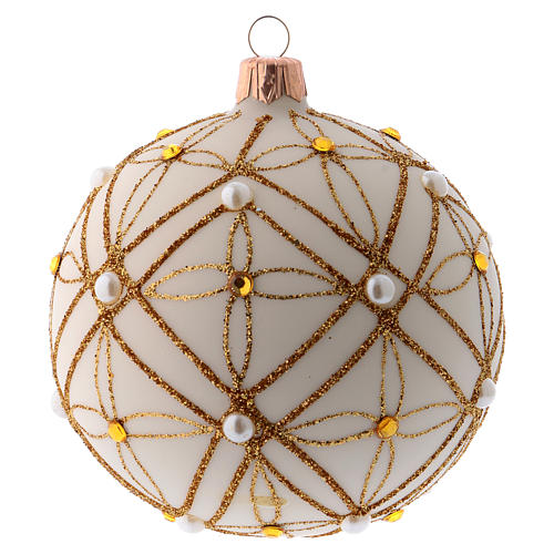Christmas bauble in ivory blown glass, red and gold decoration 100mm 1