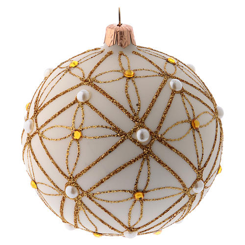 Christmas bauble in ivory blown glass, red and gold decoration 100mm 2