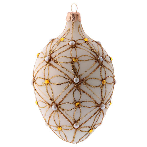 Oval Christmas bauble in ivory blown glass, red and gold decoration 130mm 2