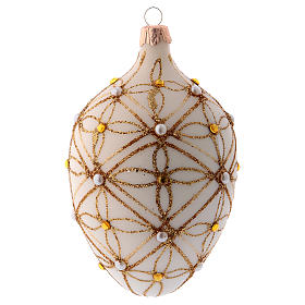 Oval Christmas bauble in ivory blown glass, red and gold decoration 130mm