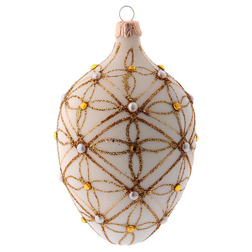 Oval Christmas bauble in ivory blown glass, red and gold decoration 130mm 1