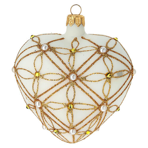 Adorno Natal coração vidro soprado cor de marfim decoração ouro e vermelho 100 mm 1