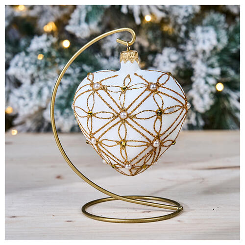 Adorno Natal coração vidro soprado cor de marfim decoração ouro e vermelho 100 mm 2