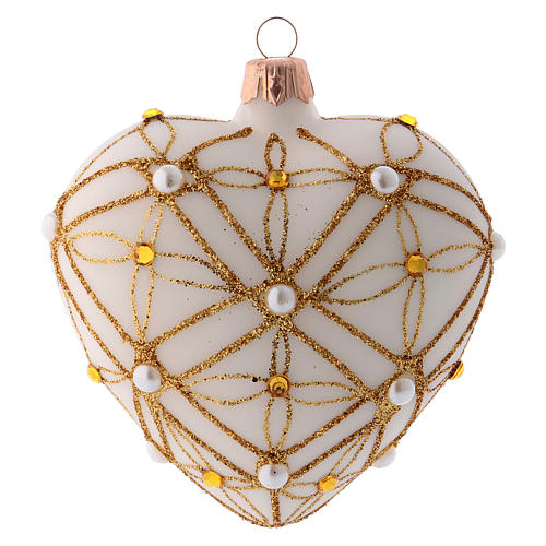 Heart Shaped Christmas bauble in ivory glass with red and gold decorations 100mm 3