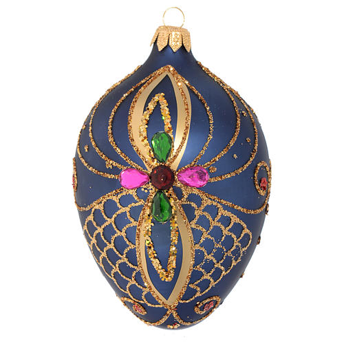 Oval Christmas bauble in blue and gold blown glass 130mm 1