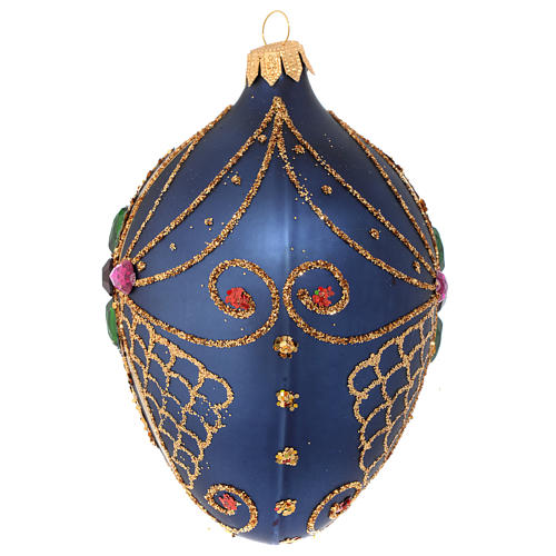 Oval Christmas bauble in blue and gold blown glass 130mm 2