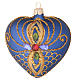 Heart Shaped Christmas bauble in blue glass with gold decorations 100mm s1