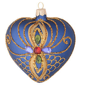 Heart Shaped Christmas bauble in blue glass with gold decorations 100mm