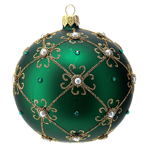 Weihnachtskugel aus mundgeblasenem Glas Grundton Grün mit goldenen Verzierungen 100 mm 1