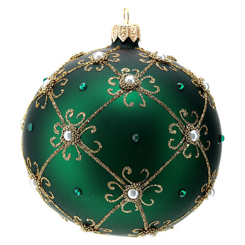 Weihnachtskugel aus mundgeblasenem Glas Grundton Grün mit goldenen Verzierungen 100 mm 3