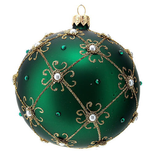 Weihnachtskugel aus mundgeblasenem Glas Grundton Grün mit goldenen Verzierungen 100 mm 4