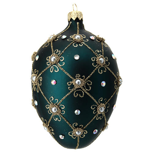 Oval Christmas bauble in green and gold blown glass 130mm 2