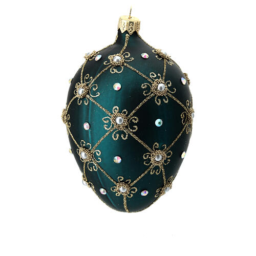 Oval Christmas bauble in green and gold blown glass 130mm 5