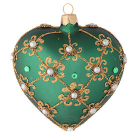Heart Shaped Christmas bauble in green glass with gold decorations 100mm