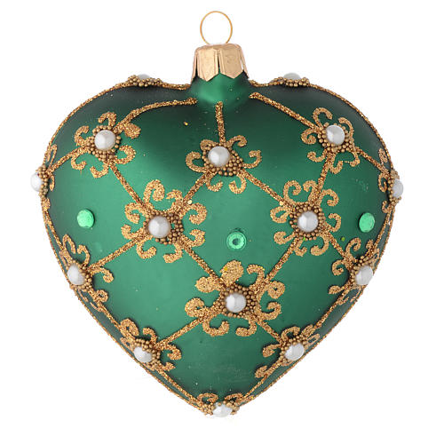 Heart Shaped Christmas bauble in green glass with gold decorations 100mm 1