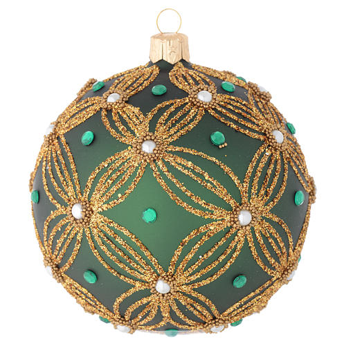 Christmas bauble in green blown glass with gold decoration 100mm 1