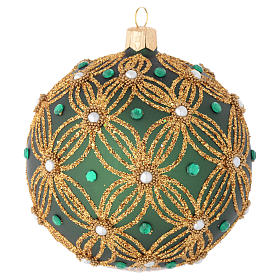 Christmas bauble in green blown glass with gold decoration 100mm