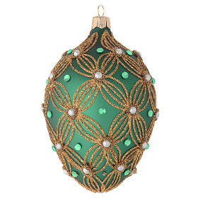 Oval Christmas bauble in green blown glass with gold decoration 130mm