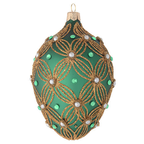 Oval Christmas bauble in green blown glass with gold decoration 130mm 1