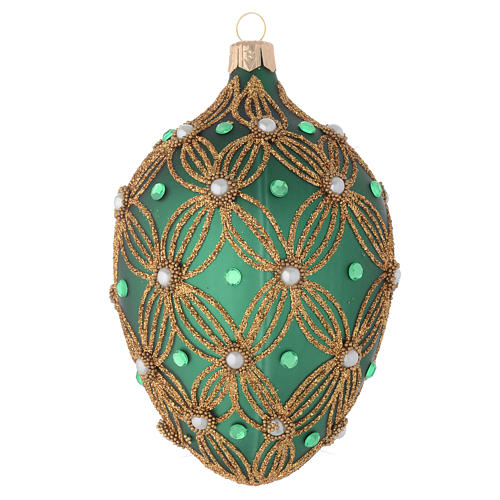 Oval Christmas bauble in green blown glass with gold decoration 130mm 2