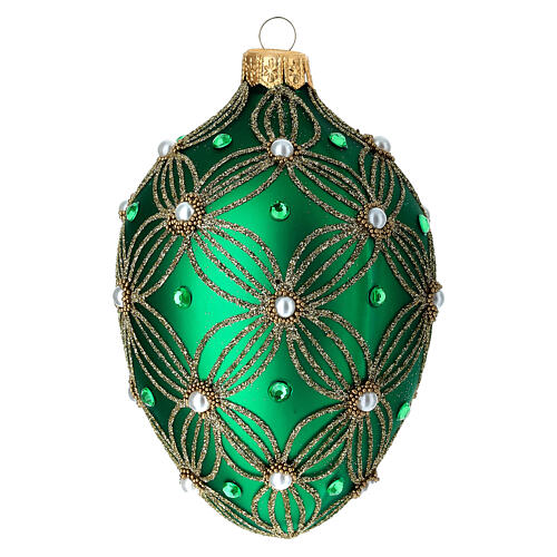 Oval Christmas bauble in green blown glass with gold decoration 130mm 1