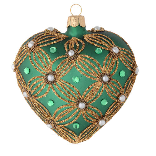 Heart Shaped Christmas bauble in green blown glass with gold decorations 100mm 1