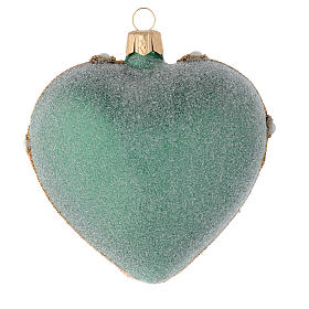 Heart Shaped Christmas bauble in green blown glass with gold decorations 100mm