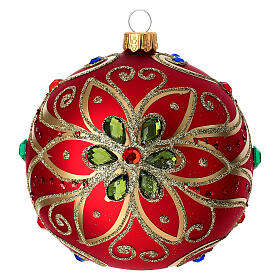 Weihnachtskugel aus mundgeblasenem Glas Grundton Rot mit Blüten-Verzierungen 100 mm