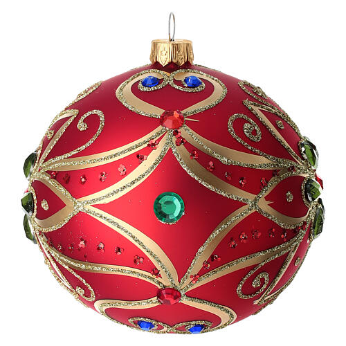 Weihnachtskugel aus mundgeblasenem Glas Grundton Rot mit Blüten-Verzierungen 100 mm 3