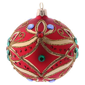 Christmas bauble in red blown glass with green flower 100mm