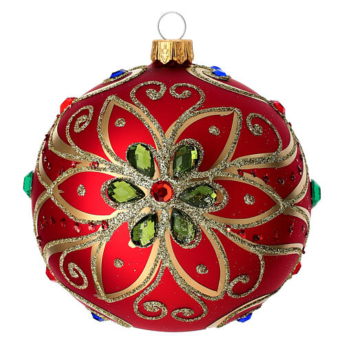 Christmas bauble in red blown glass with green flower 100mm 1