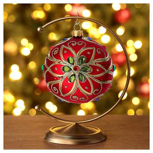 Christmas bauble in red blown glass with green flower 100mm 2