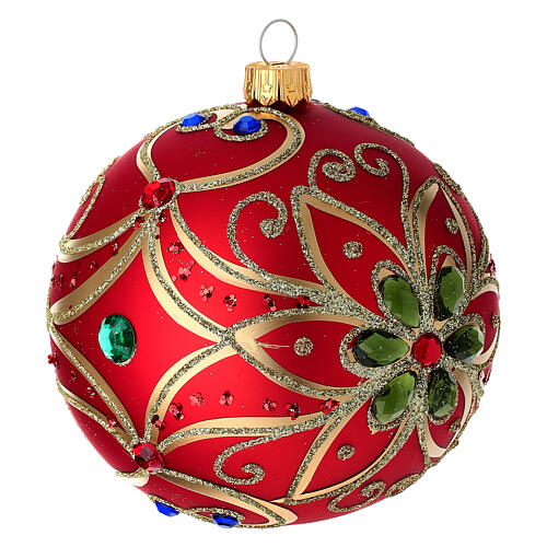Bola de Navidad de vidrio rojo y decoración floral verde 100 mm 4
