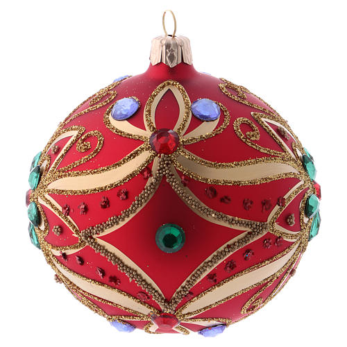 Christmas bauble in red blown glass with green flower 100mm 2