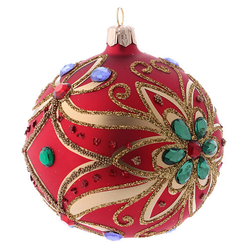 Christmas bauble in red blown glass with green flower 100mm 3