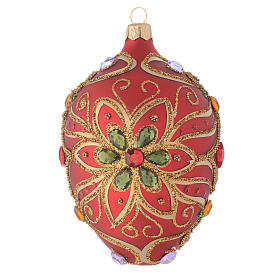 Oval bauble in red blown glass with green flower 130mm