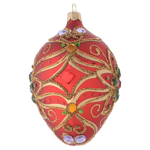 Oval bauble in red blown glass with green flower 130mm 2