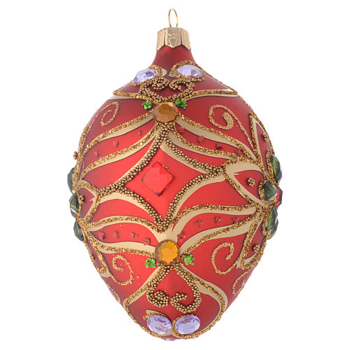 Bola de Navidad oval de vidrio rojo y decoración floral verde 130 mm 2