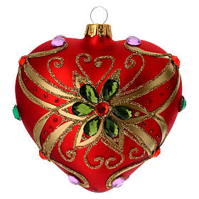 Heart Shaped Christmas bauble in red blown glass with green flower 100mm