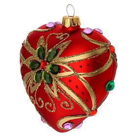 Heart Shaped Christmas bauble in red blown glass with green flower 100mm