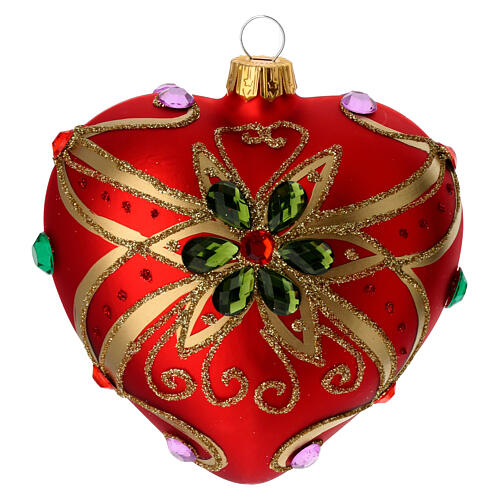 Heart Shaped Christmas bauble in red blown glass with green flower 100mm 3