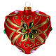 Heart Shaped Christmas bauble in red blown glass with green flower 100mm s1